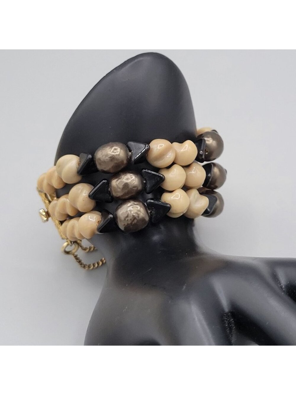 Multi Strand Beaded Bracelet Cream Beads Metallic Spheres Black Accent Box Clasp